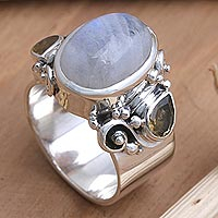 Rainbow moonstone and citrine cocktail ring, 'Snow Day' - Rainbow Moonstone and Citrine Cocktail Ring