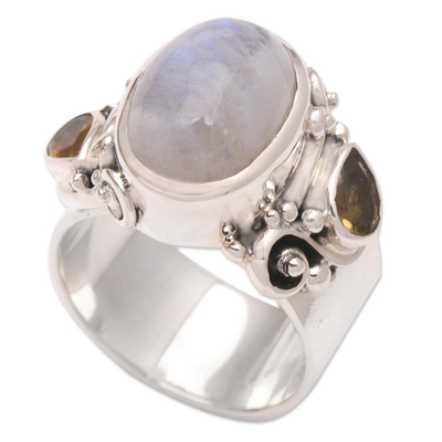 Rainbow moonstone and citrine cocktail ring, 'Snow Day' - Rainbow Moonstone and Citrine Cocktail Ring