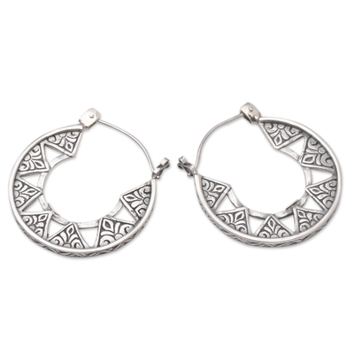 Sterling silver hoop earrings, 'Geometric Star' - Sterling Silver Hoop Earrings with Geometric Motif