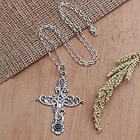 Garnet pendant necklace, 'Believe Your Heart' - Garnet Pendant Necklace with Cross Motif