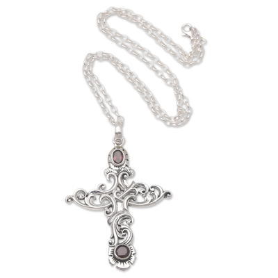 Garnet pendant necklace, 'Believe Your Heart' - Garnet Pendant Necklace with Cross Motif
