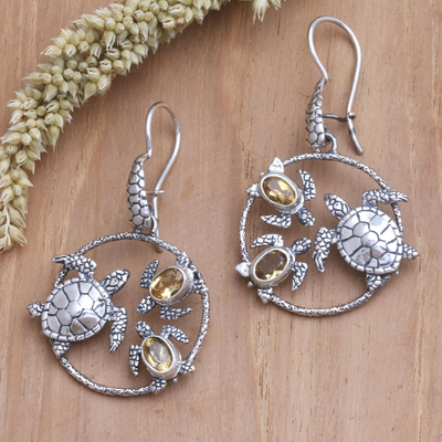 Citrine dangle earrings, 'Turtle's Day Out' - Turtle-Themed Citrine Dangle Earrings