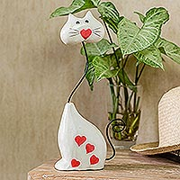 Wood statuette, 'Whisker Kisses' - Albesia Wood Cat Statuette with Heart Motif