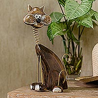 Wood statuette, 'Chocolate Cat' - Handcrafted Albesia Wood Cat Statuette