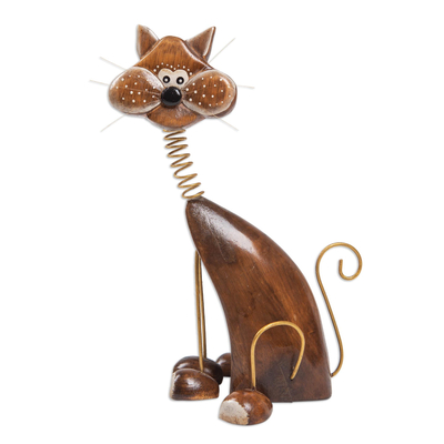 Handcrafted Albesia Wood Cat Statuette