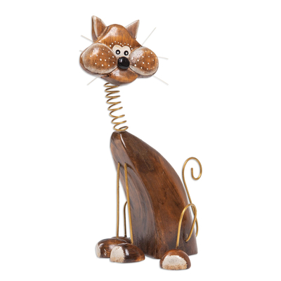 Holzstatuette - Handgefertigte Katzenstatuette aus Albesia-Holz