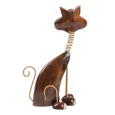 estatuilla de madera - Estatuilla de gato de madera de albesia hecha a mano