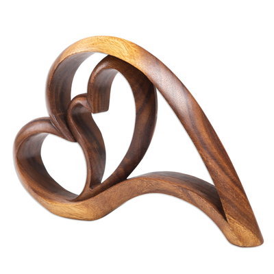 Wood statuette, 'Layered Love' - Handmade Suar Wood Statuette with Heart Motif