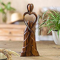 Wood statuette, 'Mother of Mine' - Handcrafted Suar Wood Statuette from Bali