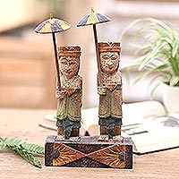 Wood statuette, 'Balinese Tedung' - Artisan Crafted Albesia Wood Statuette