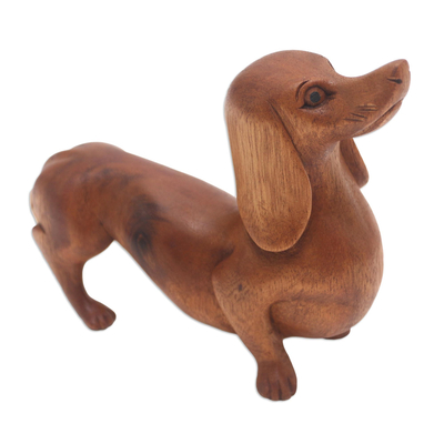 Wood statuette, 'Dachshund Puppy' - Handmade Suar Wood Dachshund Statuette