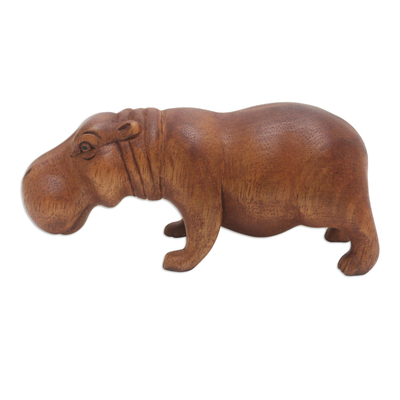 Wood statuette, 'Baby Hippo' - Artisan Crafted Hippo Statuette from Bali