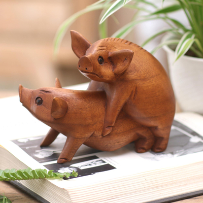 Wood statuette, 'Honeymoon Pigs' - Hand Carved Suar Wood Pig Statuette