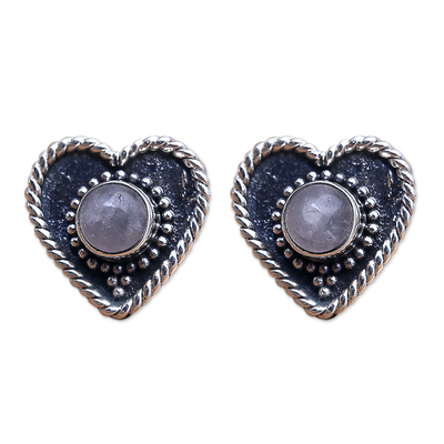 Rainbow moonstone stud earrings, 'Loving Rainbow' - Rainbow Moonstone Stud Earrings with Heart Motif