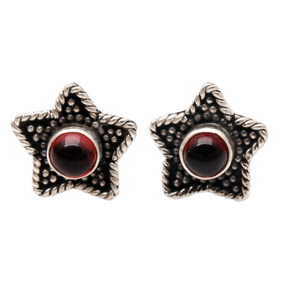 Garnet stud earrings, 'Crimson Star' - Handmade Garnet Stud Earrings with Star Motif