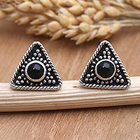 Onyx button earrings, 'Dark Triangle' - Triangular Onyx Button Earring from Bali