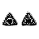 Onyx button earrings, 'Dark Triangle' - Triangular Onyx Button Earring from Bali