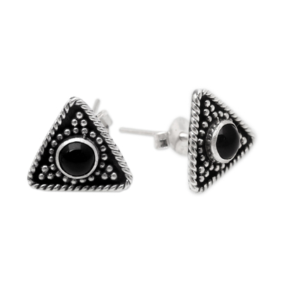 Onyx button earrings, 'Dark Triangle' - Triangular Onyx Button Earring from Bali