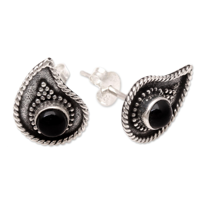Onyx button earrings, 'Dark Teardrop' - Handmade Onyx and Sterling Silver Button Earrings