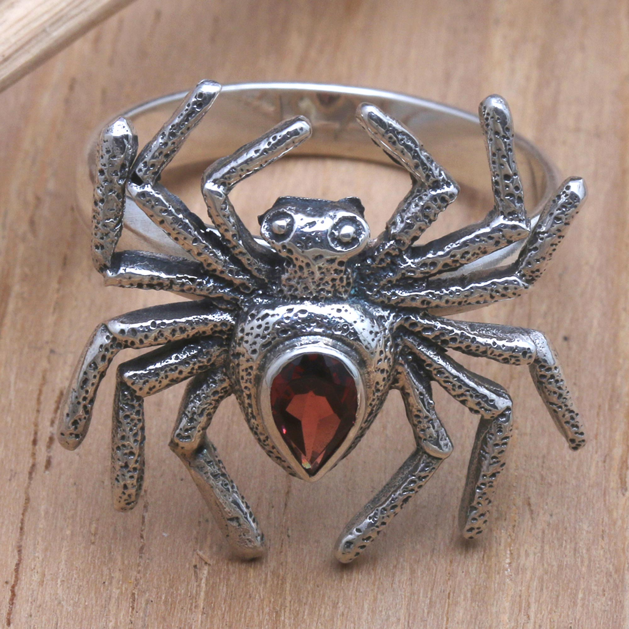 Men's Garnet Cocktail Ring with Spider Motif - Stretch Your Legs