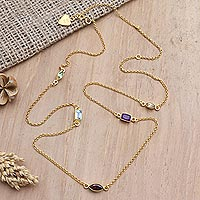 Gold-plated multi-gemstone station necklace, 'Heaven's Rainbow'