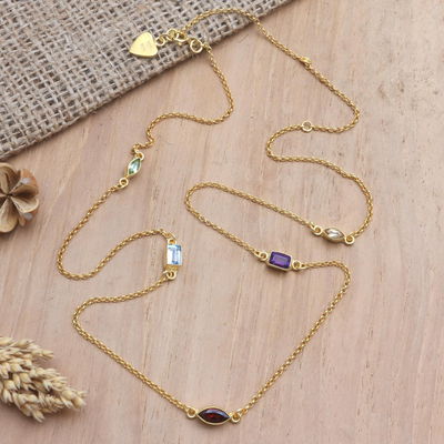 Gold-plated multi-gemstone station necklace, 'Heaven's Rainbow' - Gold-Plated Birthstone Station Necklace