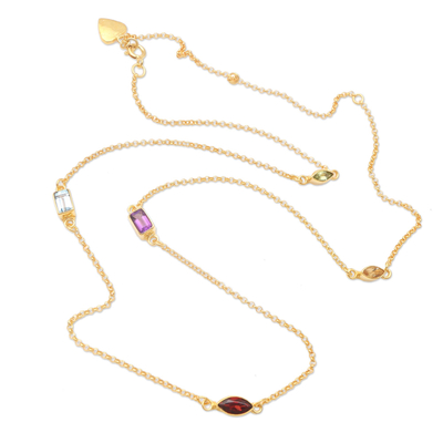 Gold-plated multi-gemstone station necklace, 'Heaven's Rainbow' - Gold-Plated Birthstone Station Necklace