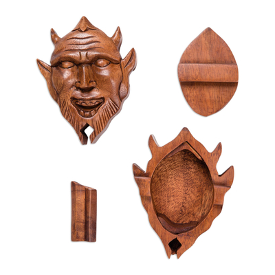 Decorative wood puzzle box, 'Dangerous Devil' - Decorative Suar Wood Puzzle Box from Bali
