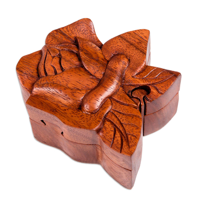 Decorative wood puzzle box, 'Lotus Secret' - Decorative Wood Puzzle Box with Lotus Motif