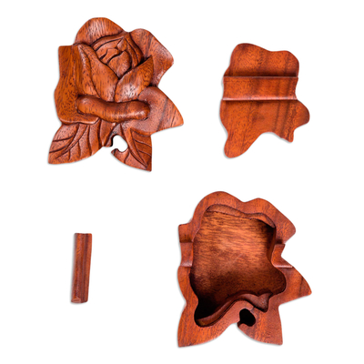 Decorative wood puzzle box, 'Lotus Secret' - Decorative Wood Puzzle Box with Lotus Motif
