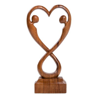 Wood statuette, 'Care and Protection' - Hand Crafted Suar Wood Statuette from Bali