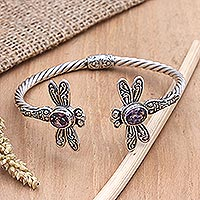 Amethyst cuff bracelet, 'Soft Flutter in Purple' - Amethyst Cuff Bracelet with Dragonfly Motif