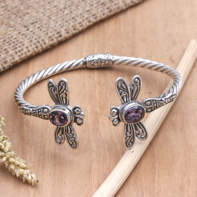 Amethyst cuff bracelet, 'Soft Flutter in Purple' - Amethyst Cuff Bracelet with Dragonfly Motif