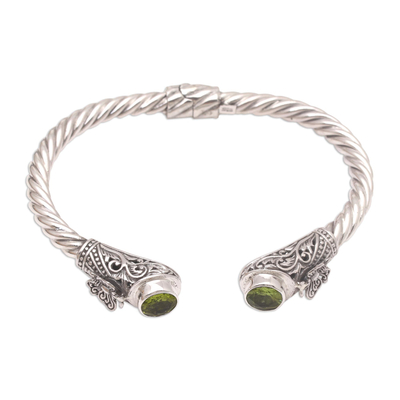 Peridot cuff bracelet, 'Butterfly Nest in Green' - Peridot and Sterling Silver Cuff Bracelet from Bali