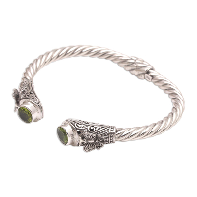 Peridot cuff bracelet, 'Butterfly Nest in Green' - Peridot and Sterling Silver Cuff Bracelet from Bali
