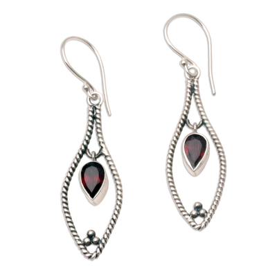 Garnet dangle earrings, 'Romantic Twist' - Garnet and Sterling Silver Dangle Earrings