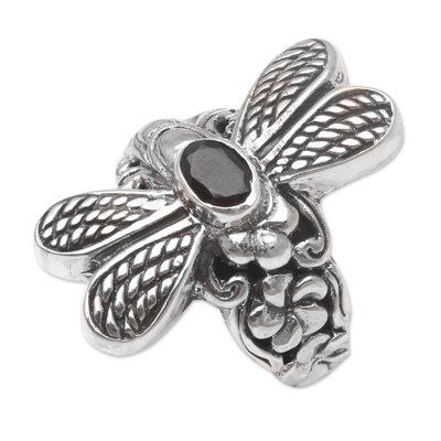 Garnet cocktail ring, 'Dreaming Dragonfly' - Sterling Silver Garnet Cocktail Ring with Dragonfly Motif