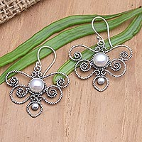 Cultured pearl dangle earrings, 'Butterfly Twist' - Cultured Pearl and Sterling Silver Dangle Earrings