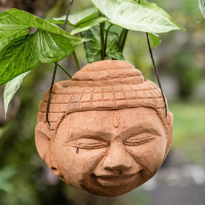 Coconut shell hanging planter, 'Buddha's Oasis' - Hand Carved Coconut Shell Planter