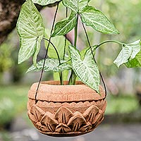 Coconut shell planter, 'Hanging Lotus' - Coconut Shell Planter with Floral Motif