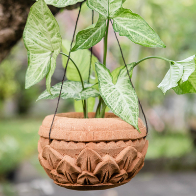 Coconut Shell Planter with Floral Motif, 'Hanging Lotus