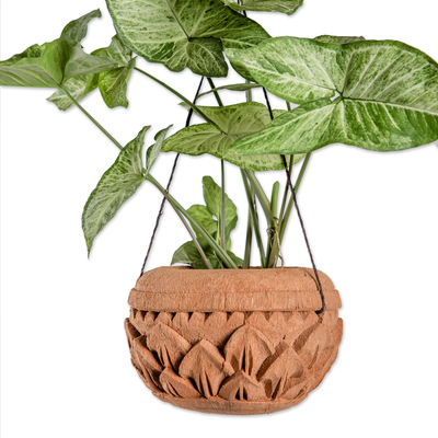 Coconut shell hanging planter, 'Hanging Lotus' - Coconut Shell Planter with Floral Motif