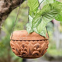 Coconut shell hanging planter, 'Floating Florals' - Handcrafted Coconut Shell Planter from Bali