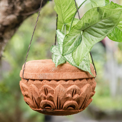 Handcrafted Coconut Shell Planter from Bali, 'Floating Florals