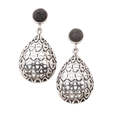 Lava stone dangle earrings, 'Lava Droplets' - Lava Stone and Sterling Silver Dangle Earrings