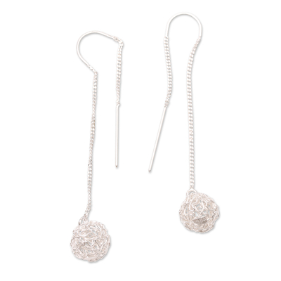 Sterling silver threader earrings, 'Life's a Ball' - Hand Crafted Sterling Silver Threader Earrings