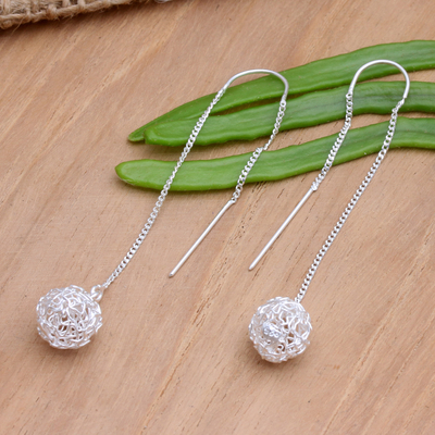 Sterling silver threader earrings, 'Life's a Ball' - Hand Crafted Sterling Silver Threader Earrings