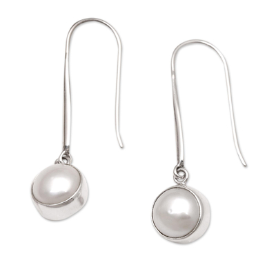 Cultured pearl dangle earrings, 'Embrace Yourself' - Cultured Mabe Pearl and Sterling Silver Dangle Earrings