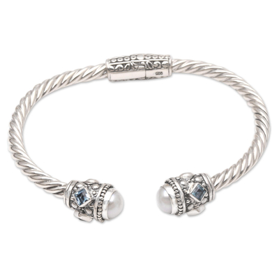 Cultured pearl and blue topaz cuff bracelet, 'Symphony of the Sea' - Cultured Pearl and Blue Topaz Cuff Bracelet