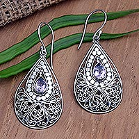 Amethyst dangle earrings, 'Mixed Feelings' - Amethyst and Sterling Silver Dangle Earrings from Bali